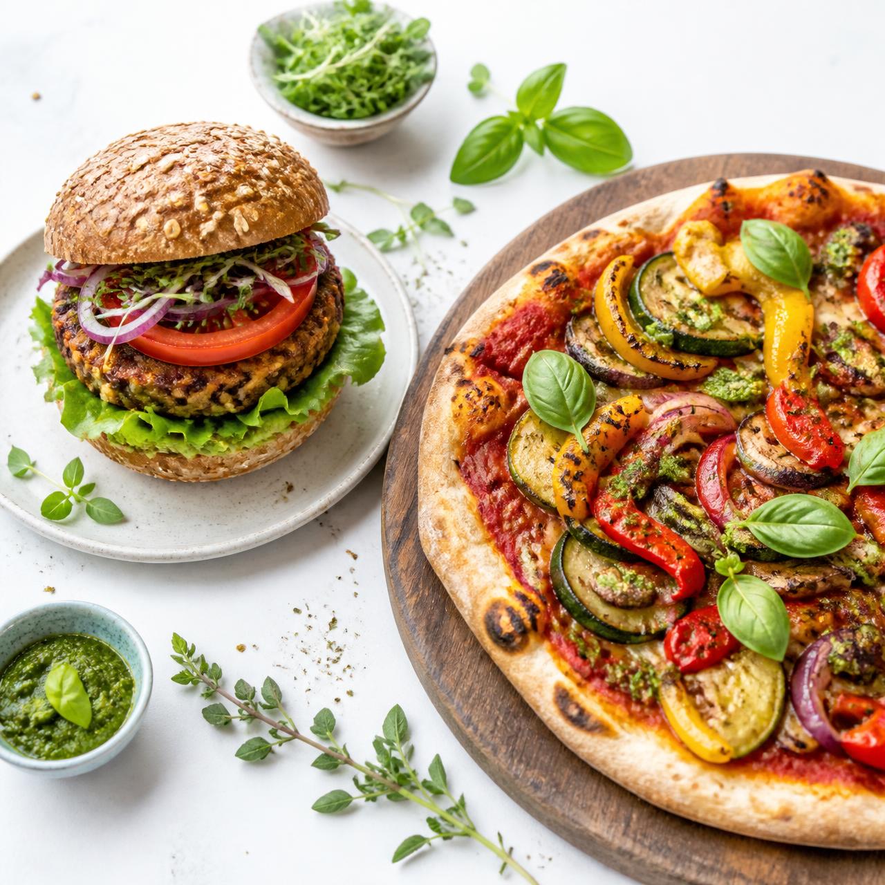 A healthy whole-grain burger next to a fresh vegetable thin-crust pizza